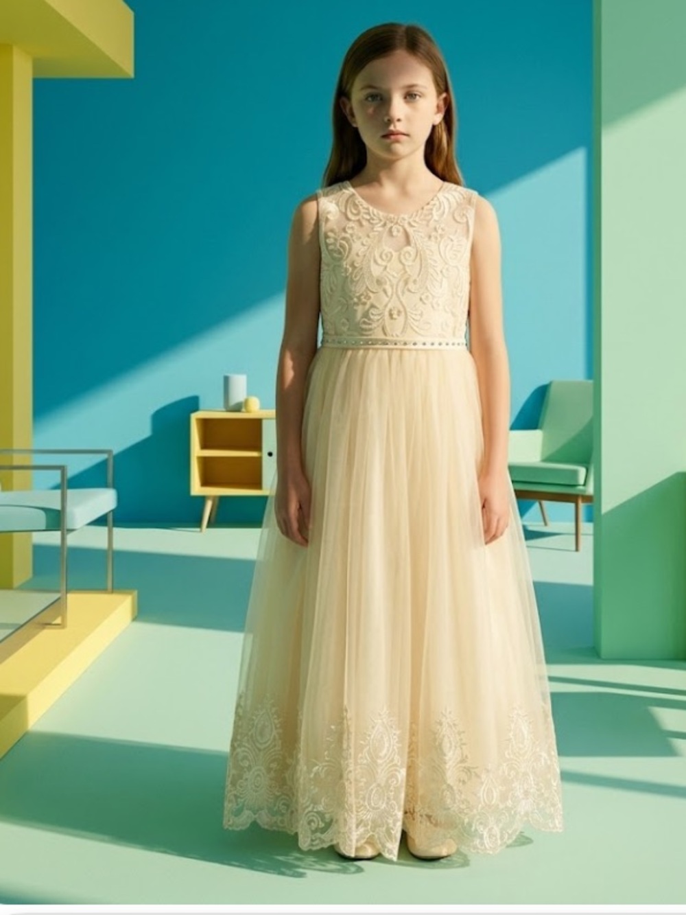 Cream Lace & Tulle Girls' Formal Dress
